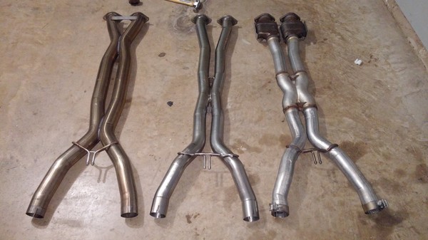 Borla catless X-pipe with stock NPP exhaust before and after clips.